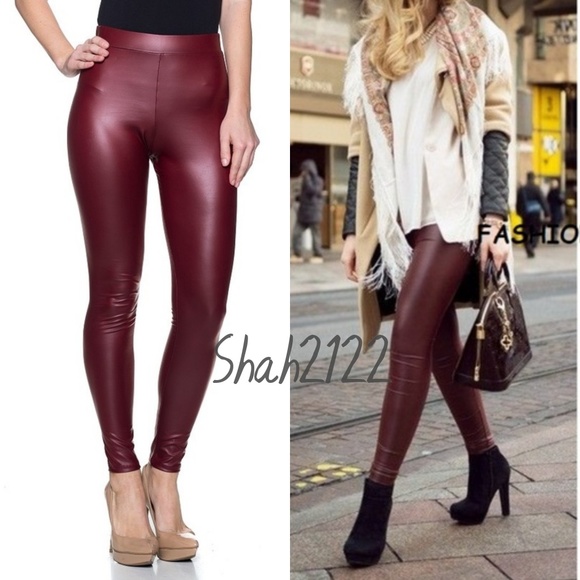 Pants - Faux Leather Leggings High Waist Burgundy Wine